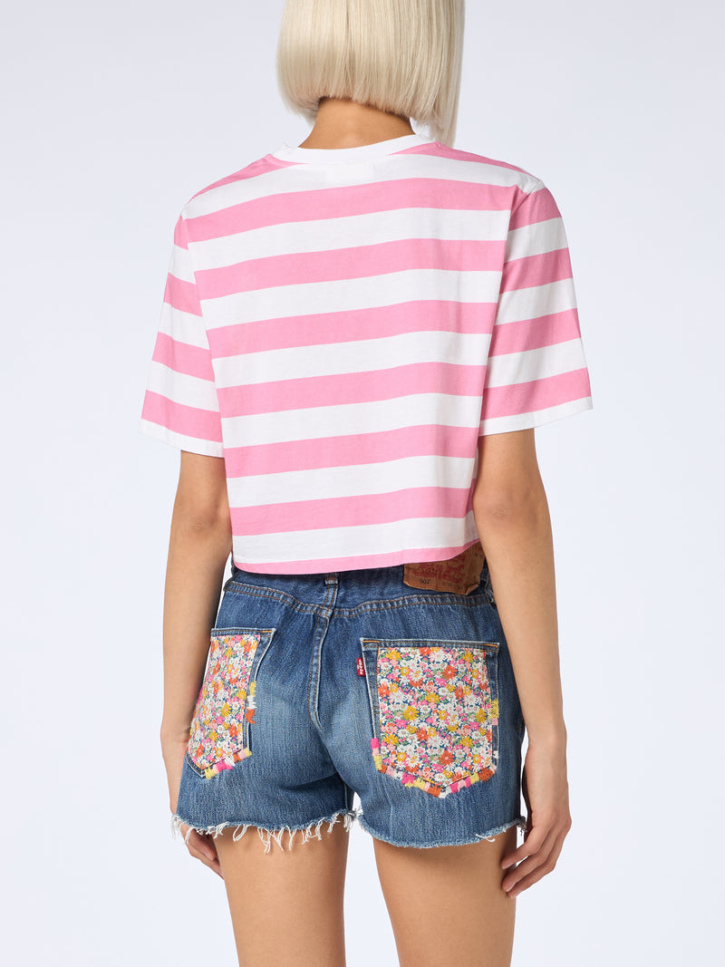 Woman pink and white striped crop t-shirt