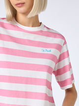 Woman pink and white striped crop t-shirt