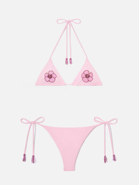 Bikini Maleah triangolo rosa con applicazioni floreali in perline