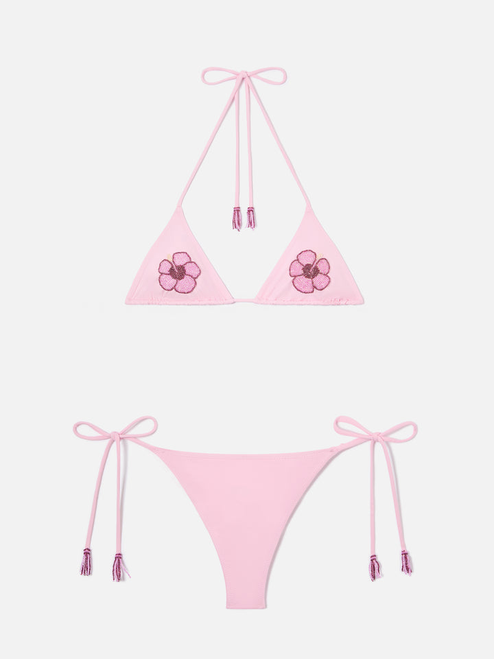 Bikini triangle Maleah rose avec ornements floraux en perles 