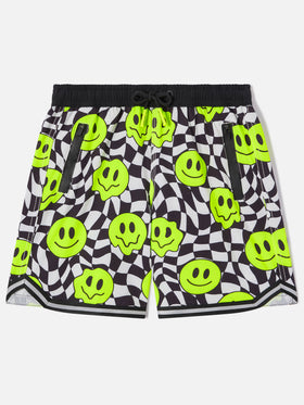 Boy long swim shorts with groovy smile pattern