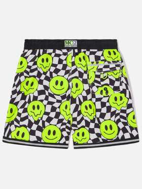 Boy long swim shorts with groovy smile pattern