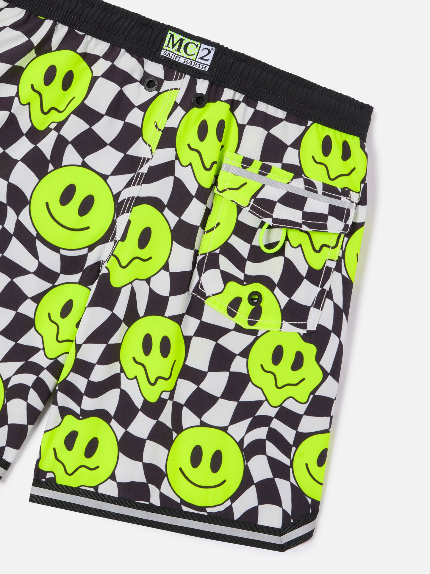 Boy long swim shorts with groovy smile pattern