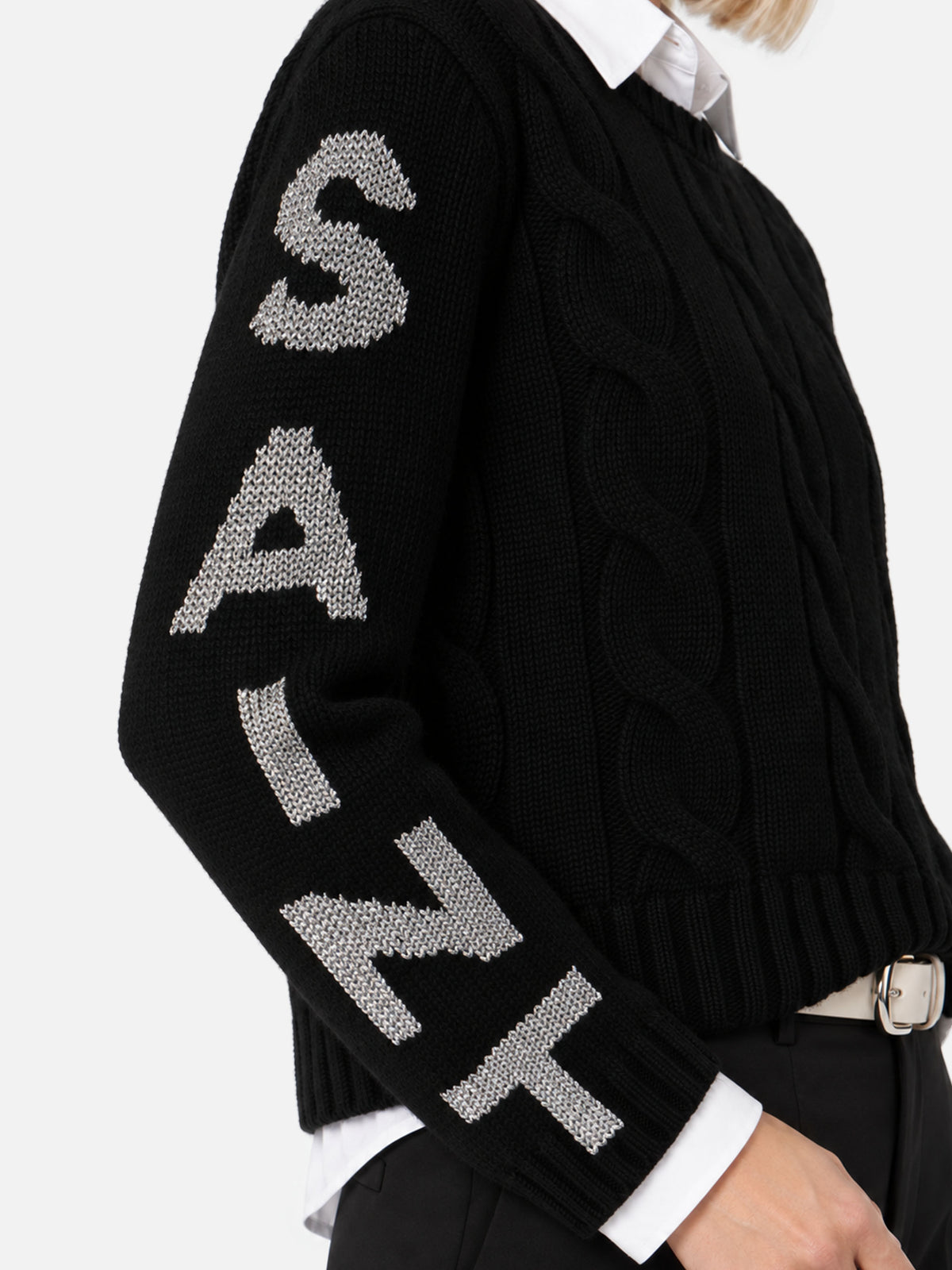 Malmo black cable knit sweater with lurex logo