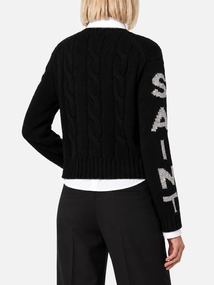 Pull noir en maille torsadée Malmo avec logo en lurex 