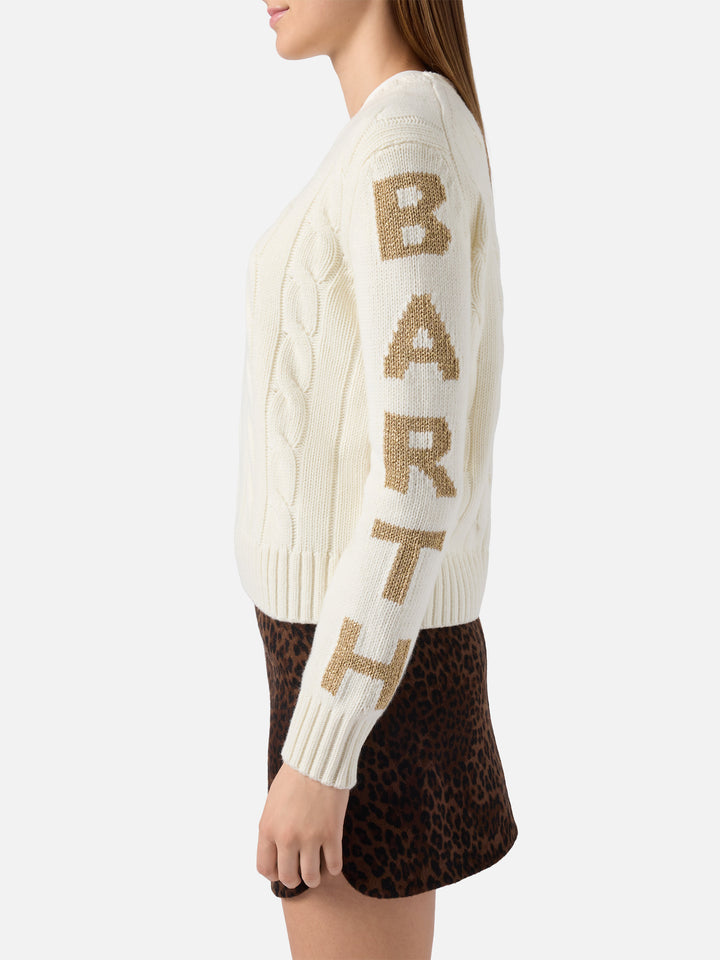 Maglione a trecce Malmo in misto cashmere bianco con jacquard St. Barth sulle maniche