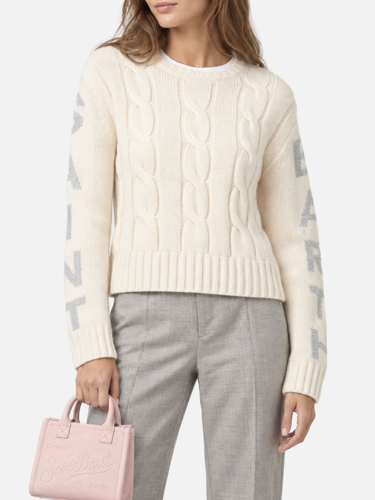 Pull ras-du-cou tressé blanc Malmo avec détails en lurex 