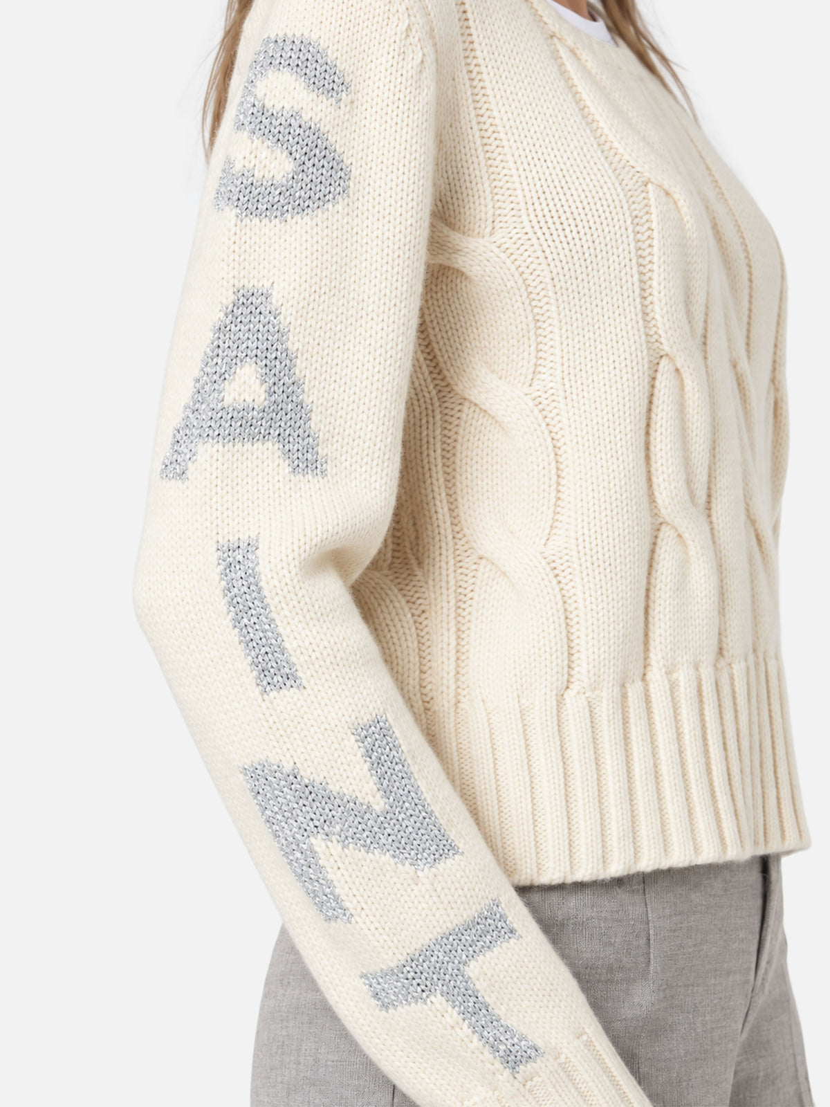 Pull ras-du-cou tressé blanc Malmo avec détails en lurex 