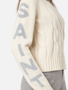Pull ras-du-cou tressé blanc Malmo avec détails en lurex 