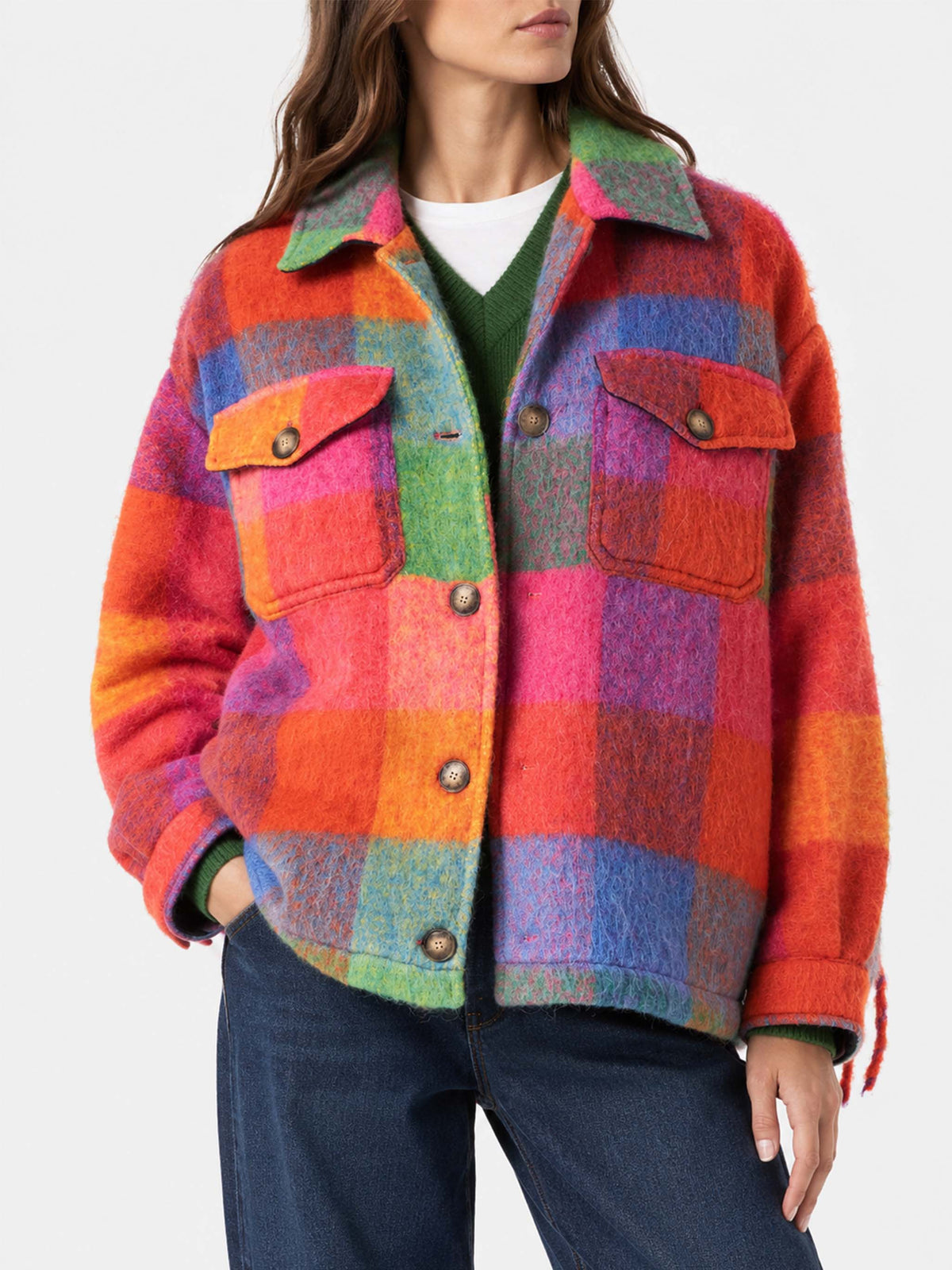 Surchemise à carreaux multicolores Marceline avec franges 