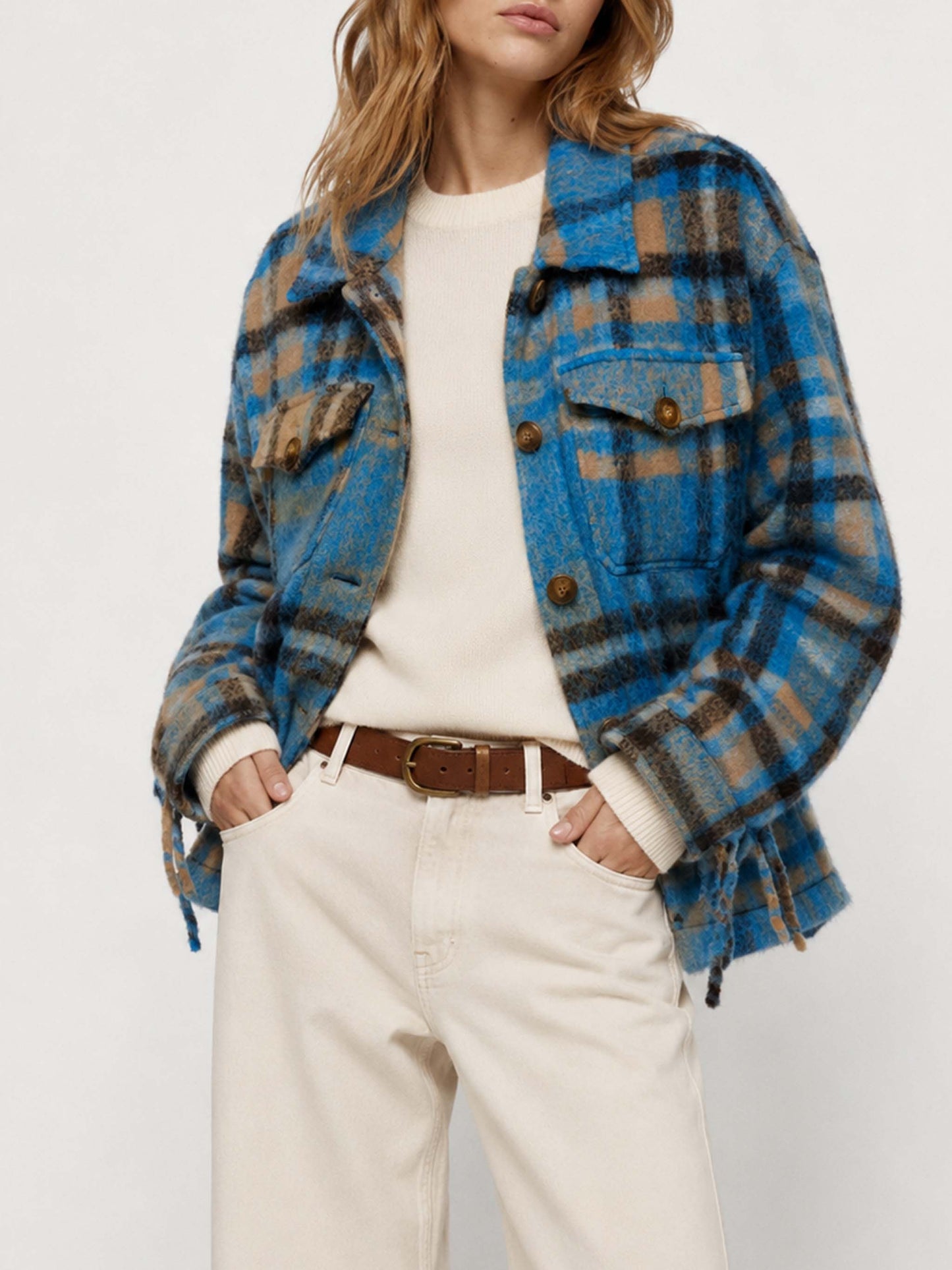 Marceline overshirt jacket with fringes and tartan pattern