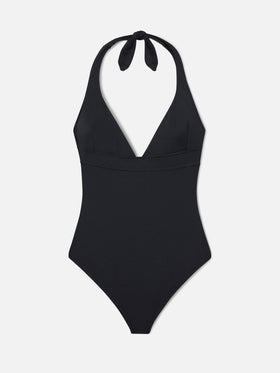 Marylin one-piece swimsuit with halterneck ties in solid black