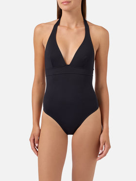 Bañador de una pieza Marylin con tirantes al cuello para anudar en negro liso 