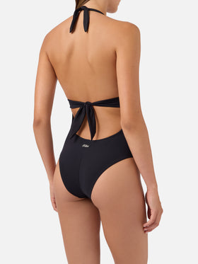 Bañador de una pieza Marylin con tirantes al cuello para anudar en negro liso 