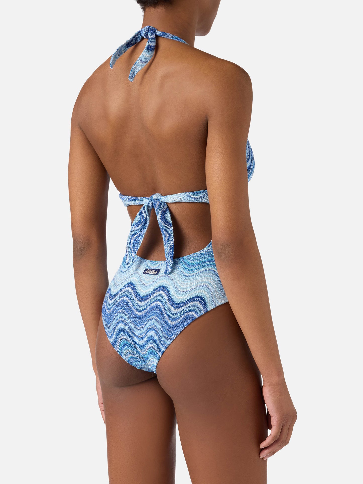 Marylin one-piece swimsuit in light blue degradé raschel fabric