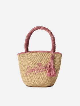 Borsa Marcy medium in raffia con dettagli rosa e logo ricamato