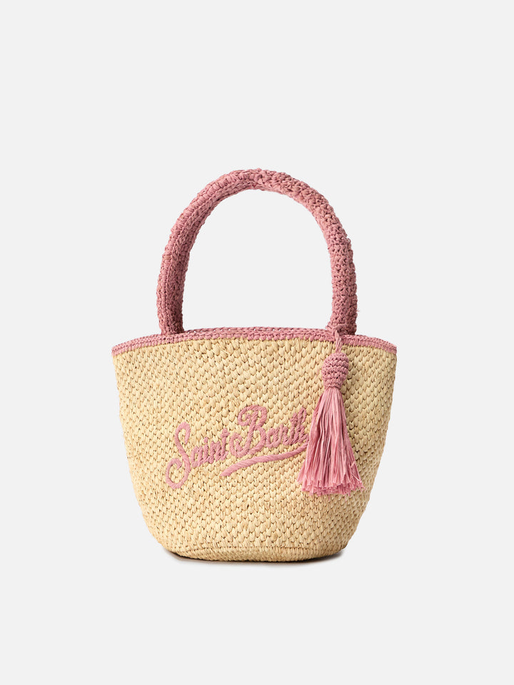 Marcy mittelgroße Basttasche mit rosafarbenen Details und gesticktem Logo 