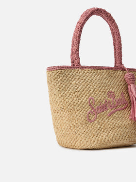 Borsa Marcy medium in raffia con dettagli rosa e logo ricamato