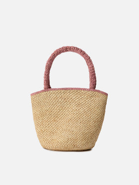 Borsa Marcy medium in raffia con dettagli rosa e logo ricamato