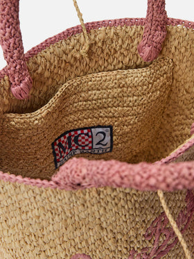 Borsa Marcy medium in raffia con dettagli rosa e logo ricamato