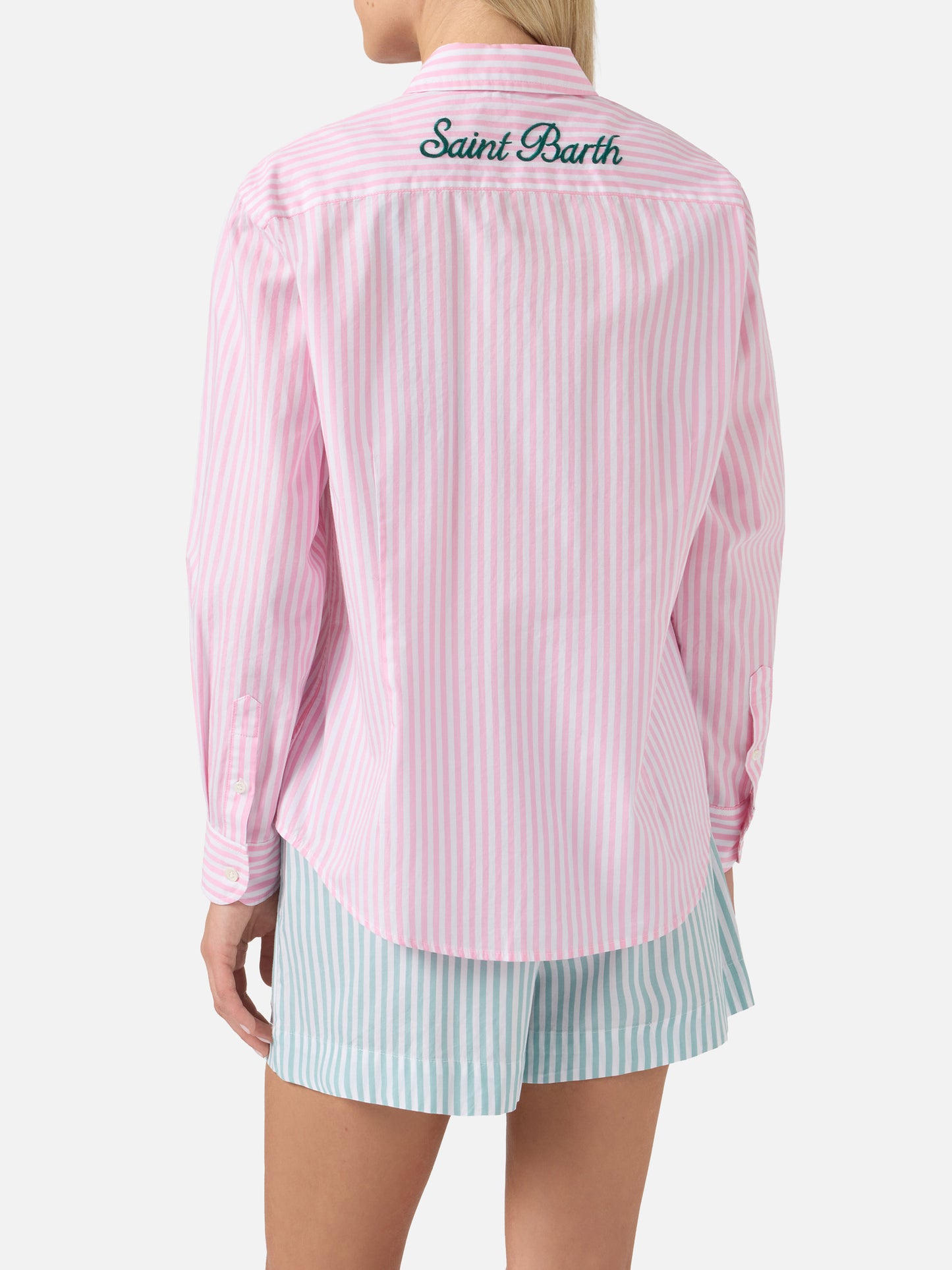Meredith cotton shirt with pink stripes and Saint Barth embroidery