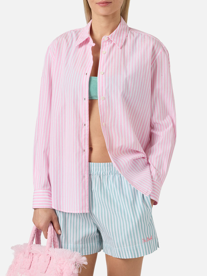 Camicia Meredith in cotone a righe rosa con ricamo Saint Barth