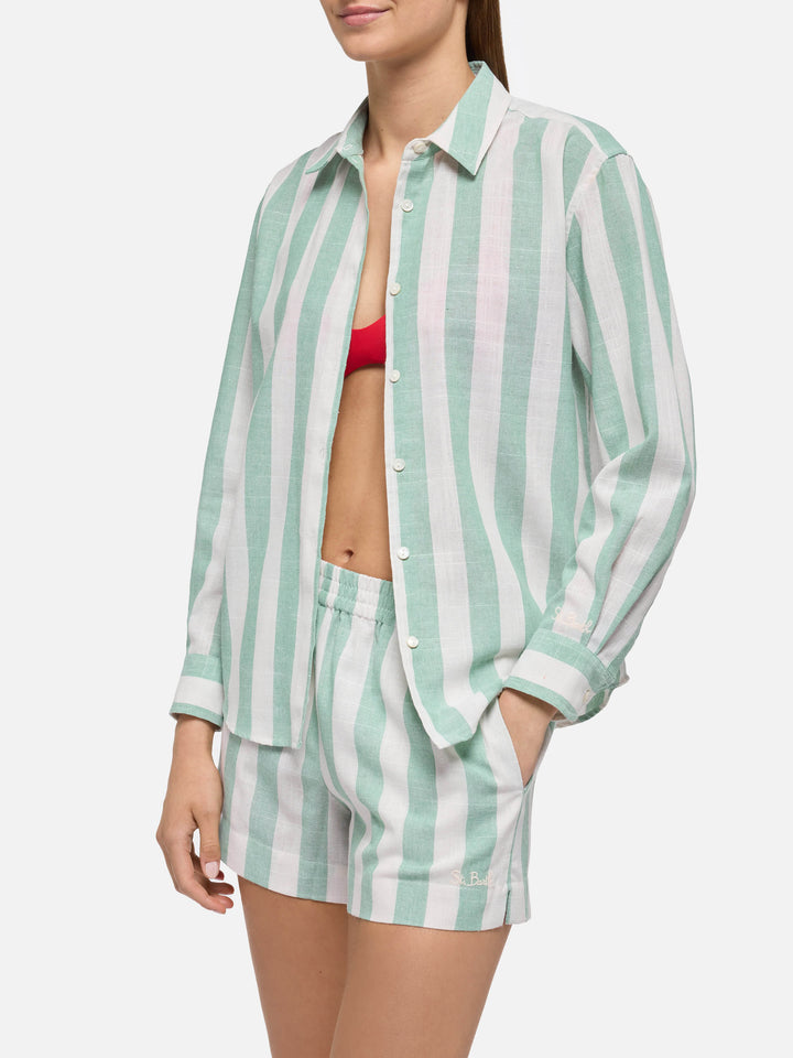 Meredith linen classic shirt with sage green striped print - MC2 Saint Barth