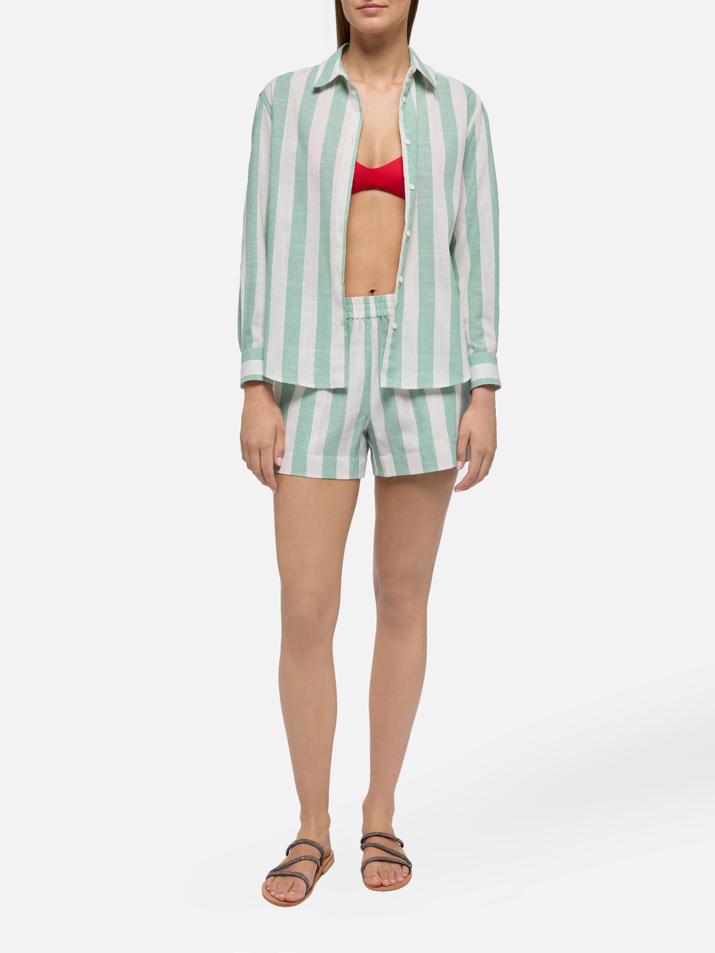 Meredith linen classic shirt with sage green striped print - MC2 Saint Barth