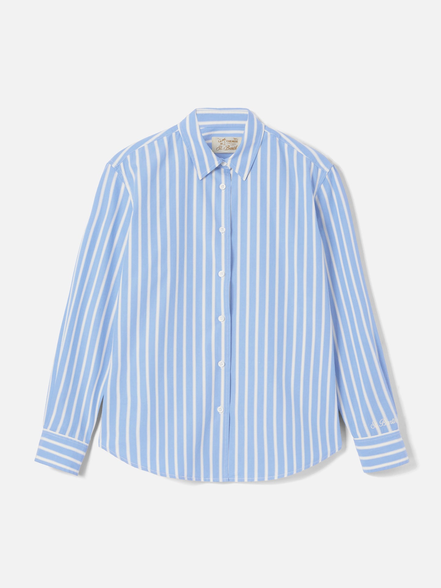 Camicia Meredith in cotone a righe azzurre con ricamo Saint Barth