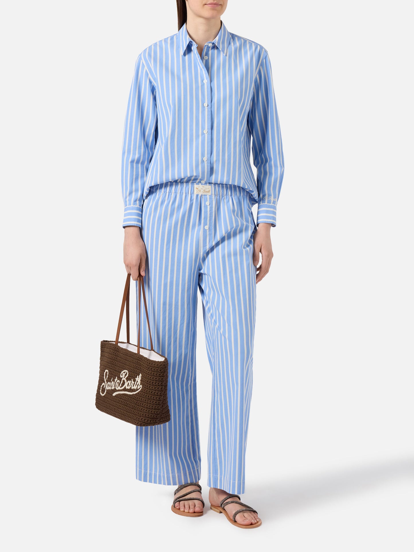 Camicia Meredith in cotone a righe azzurre con ricamo Saint Barth