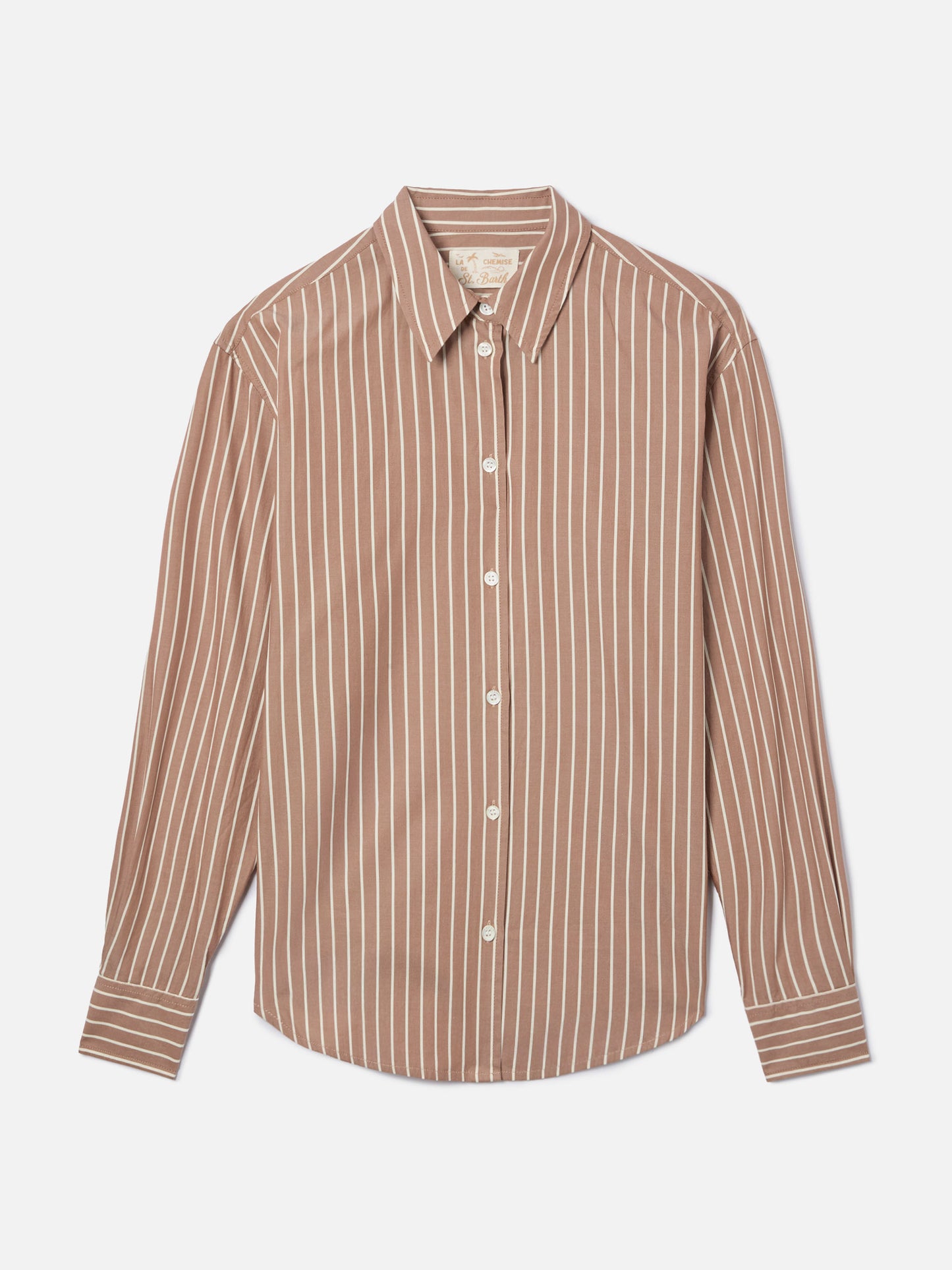 Meredith cotton shirt with brown stripes and Saint Barth embroidery