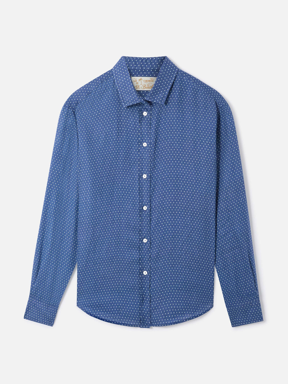 Meredith linen shirt with polks dots and Saint Barth embroidery