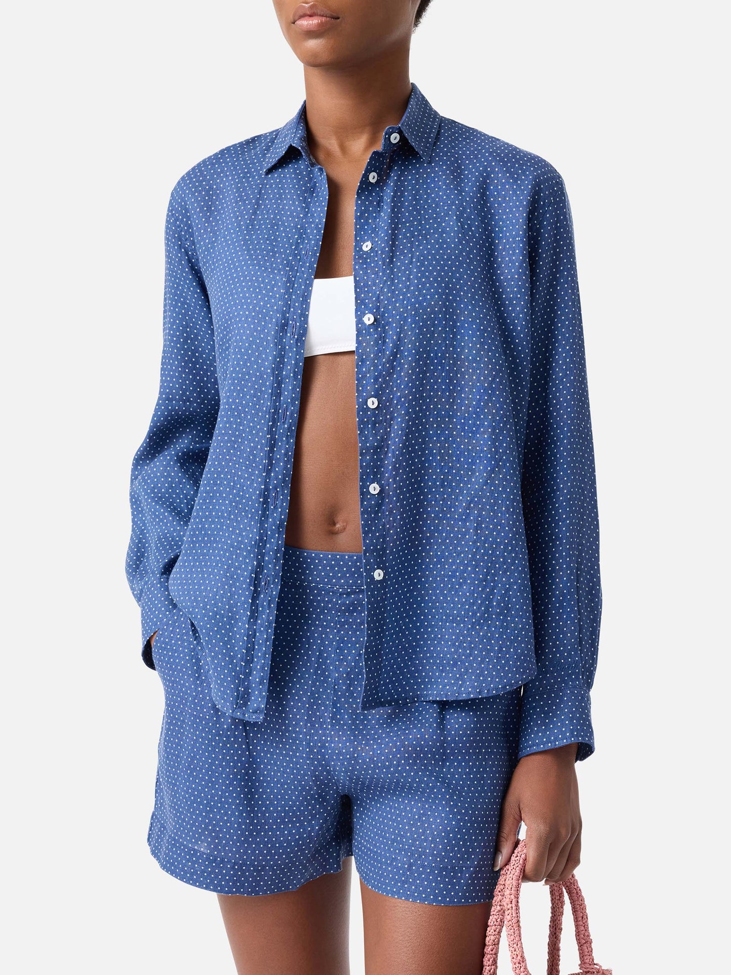 Meredith linen shirt with polks dots and Saint Barth embroidery
