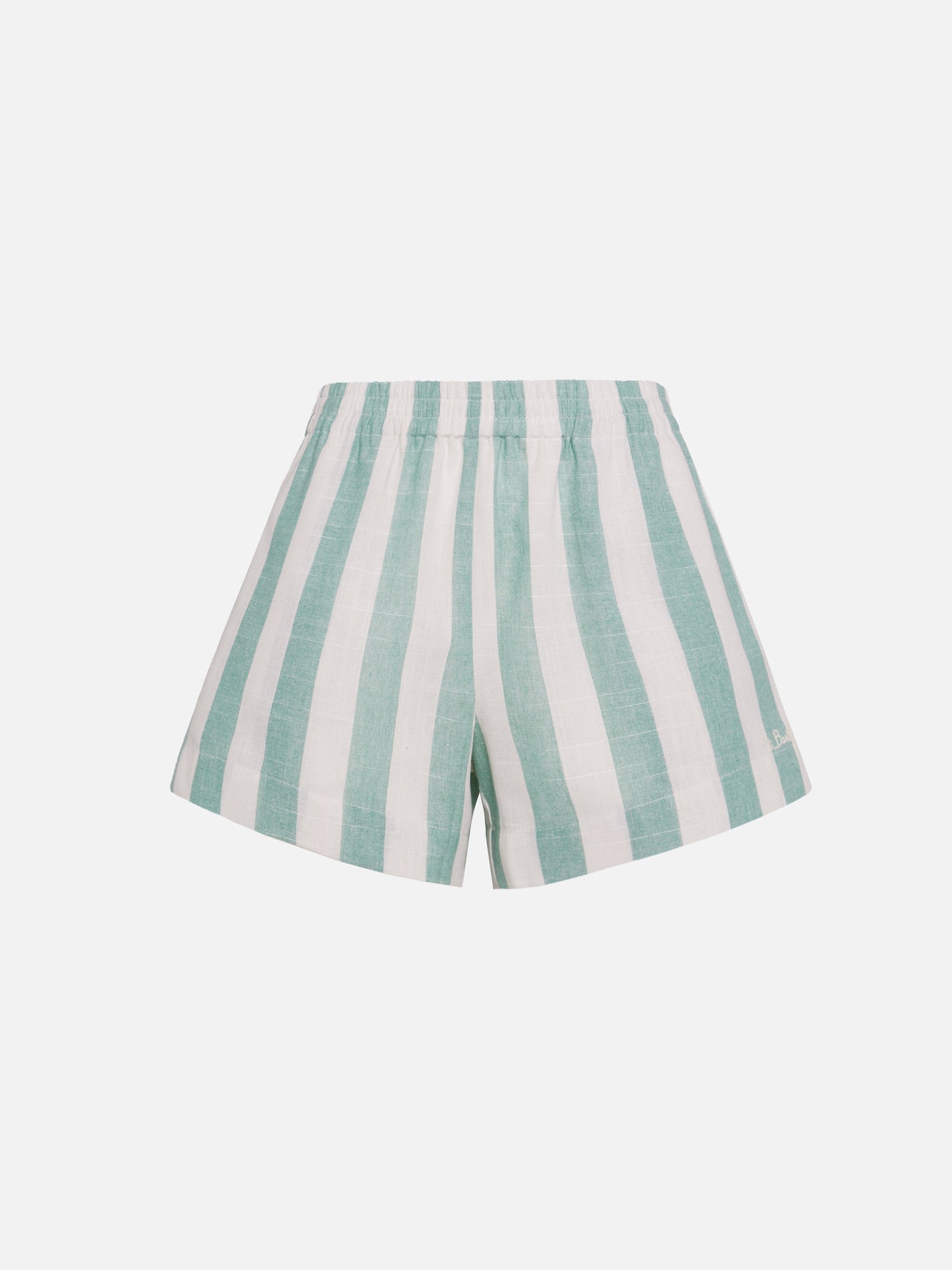 Meave shorts pull up in lino con stampa a righe verde salvia