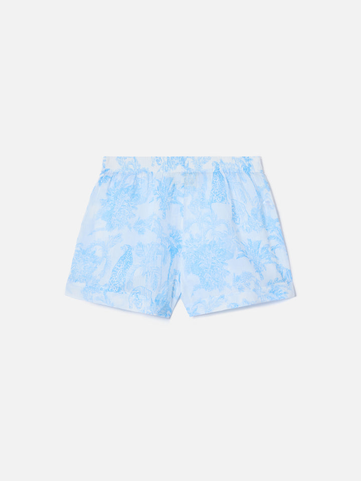 Shorts Meave in ramie con stampa toile de jouy azzurra
