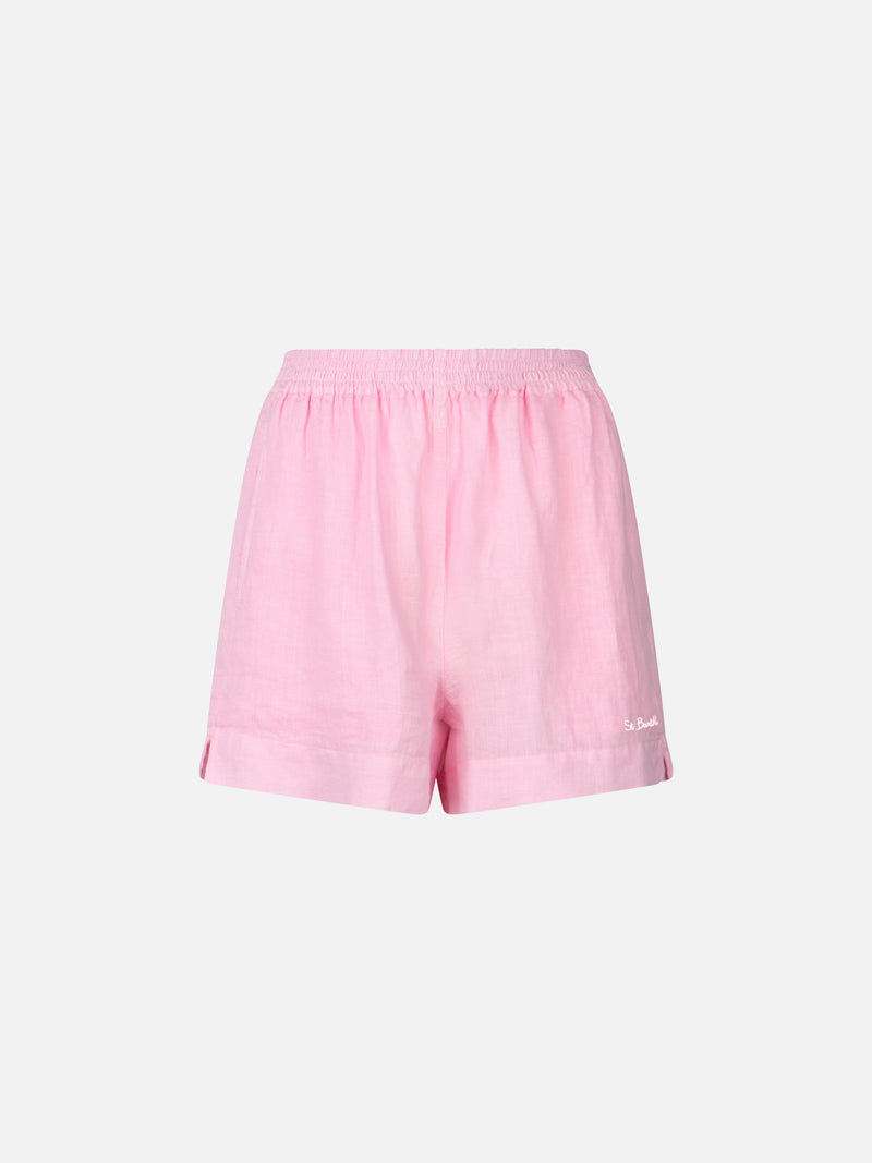 Woman pink linen pull up shorts