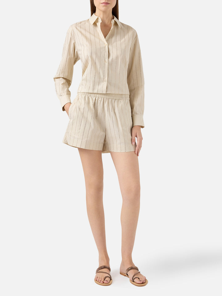 Meave cotton poplin pull up shorts with striped rhinestone embellishment