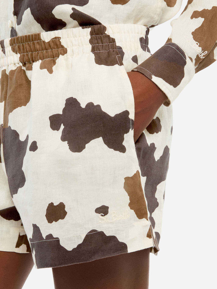 Meave shorts pull up in lino con stampa cow skin