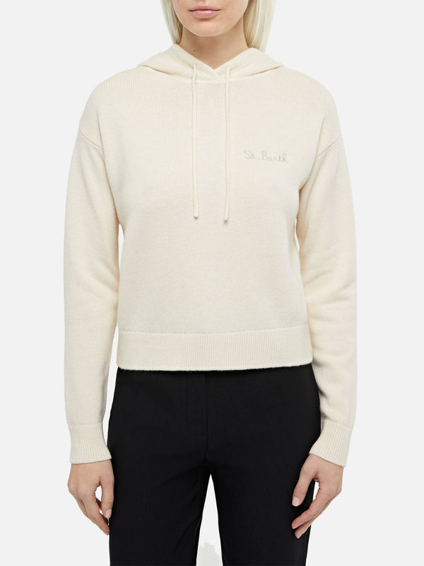 Woman off-white cashmere blend knitted hoodie Meg