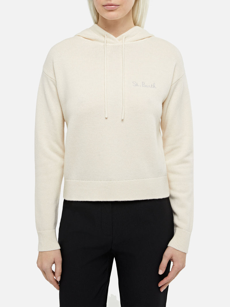 Damen-Strickkapuzenpullover in Off-White