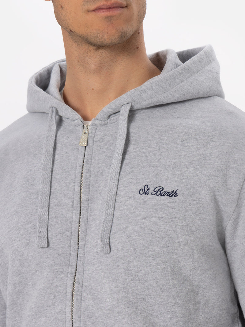 Man grey zipped and hooded sweatshirt with St. Barth embroidery