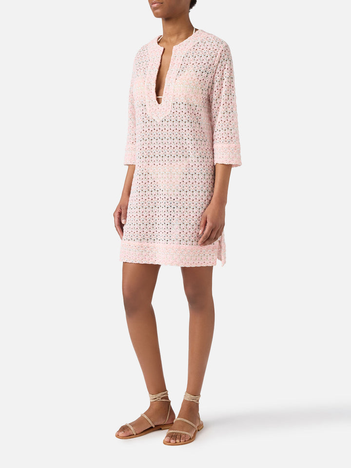 Short Macha dress in raschel fabric with floral motif