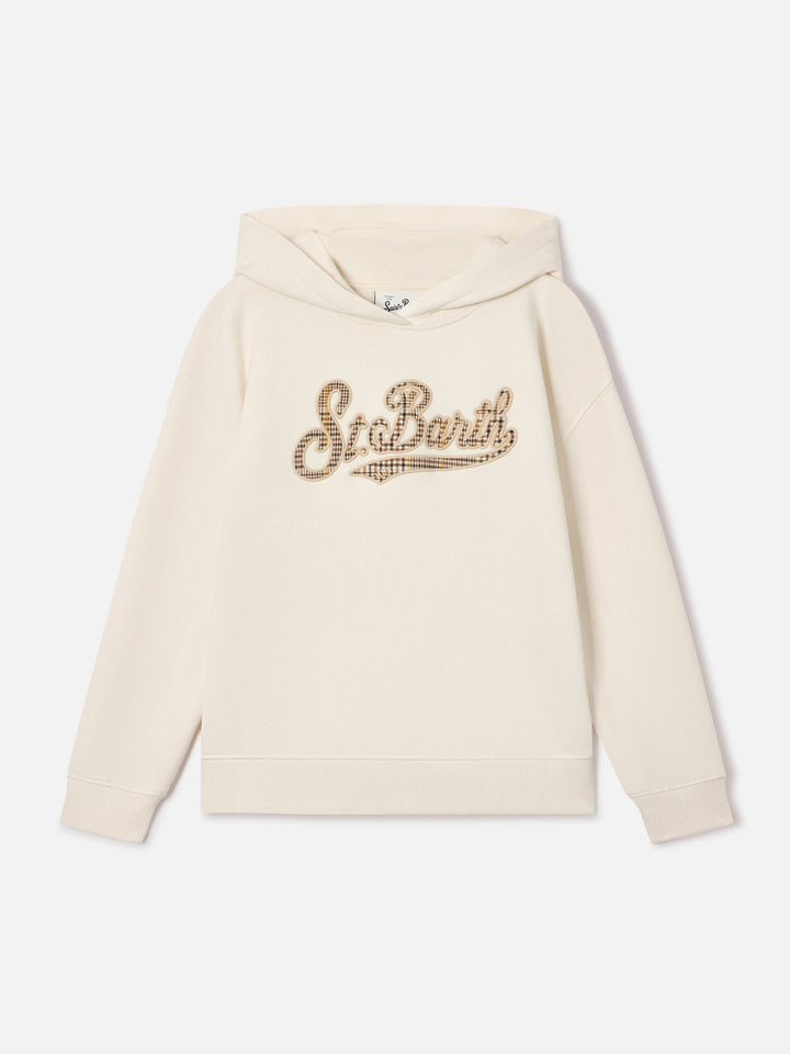 Sweat à capuche Mindy en mélange de coton coloris crème avec insert en tartan St. Barth 