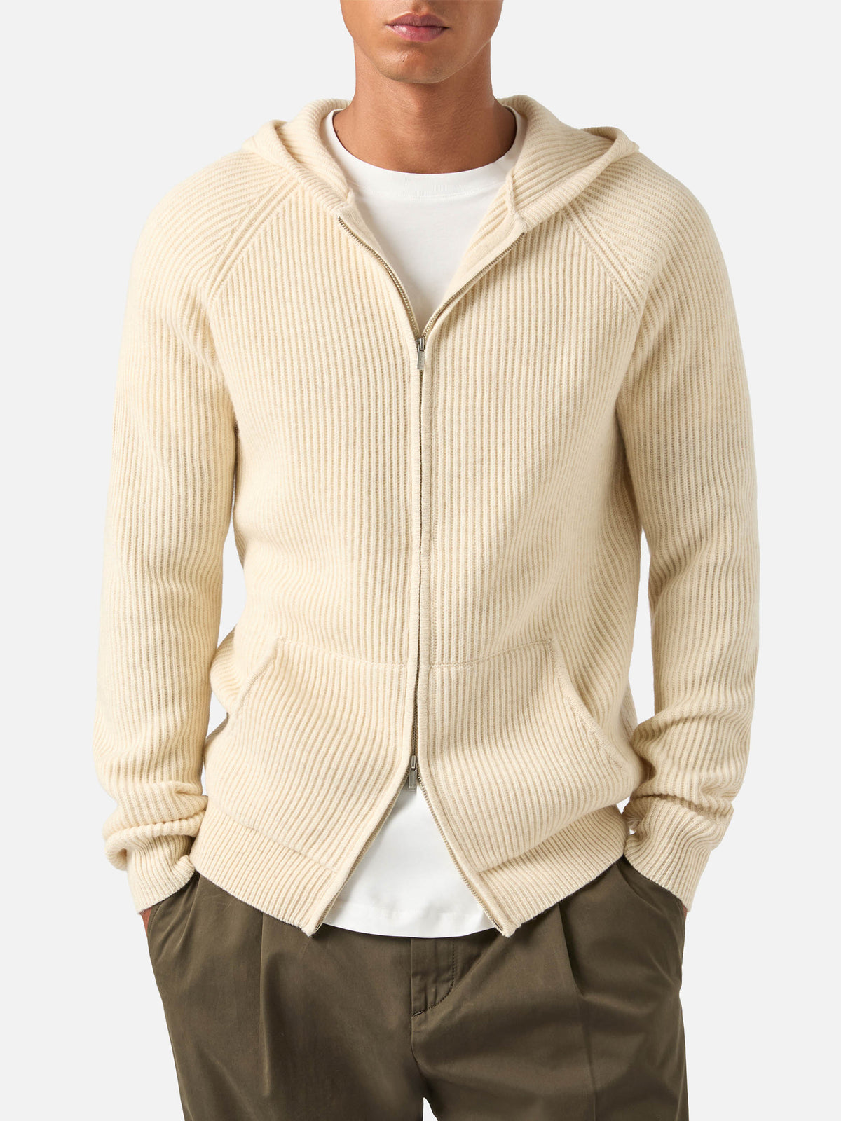 Maille à capuche Malcolm en laine beige avec zip intégral 