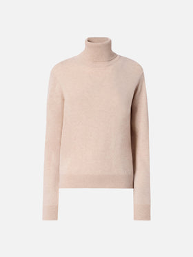 Düsterer Rollkragenpullover aus Kaschmir in Beige-Melange mit St.-Barth-Stickerei