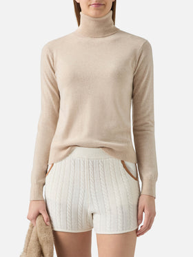 Moody turtleneck sweater in cashmere in beige melange with St. Barth embroidery