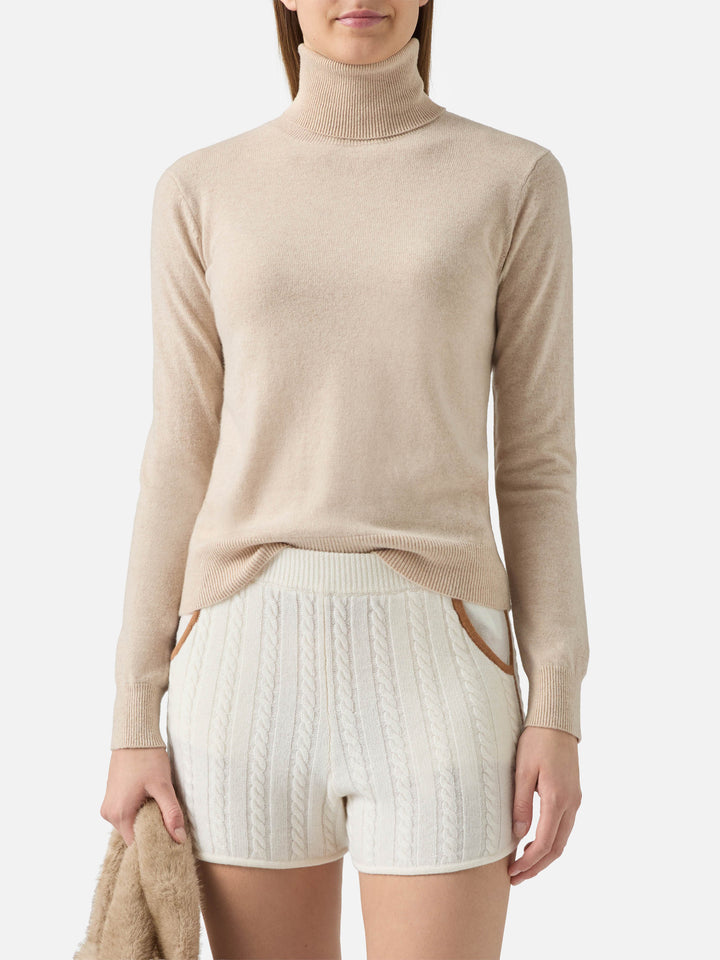 Moody turtleneck sweater in cashmere in beige melange with St. Barth embroidery