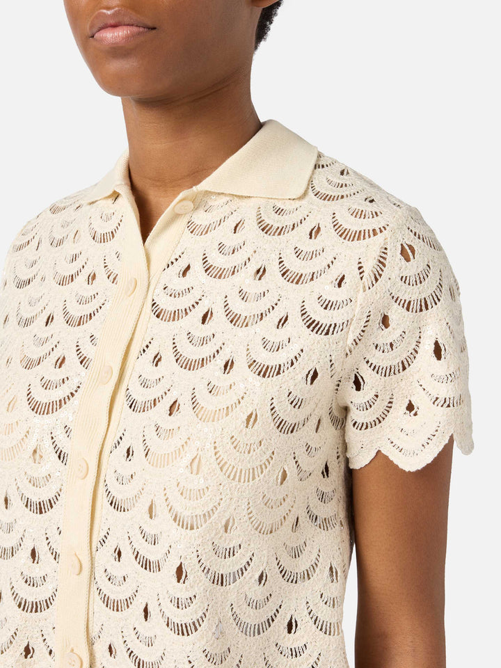 Polo in maglia Meave effetto crochet con paillettes