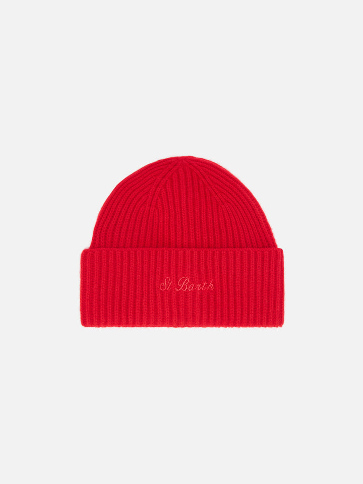 Moss Beanie in red ribbed knit with St. Barth embroidery