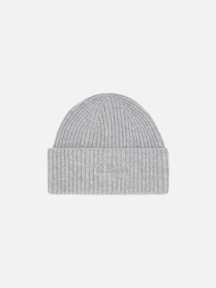 Moss Beanie in gray melange ribbed knit with St. Barth embroidery